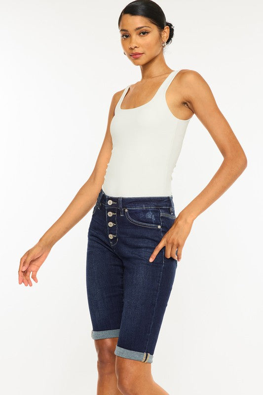 Kan Can High Rise Button Down Cuffed Bermuda Jeans