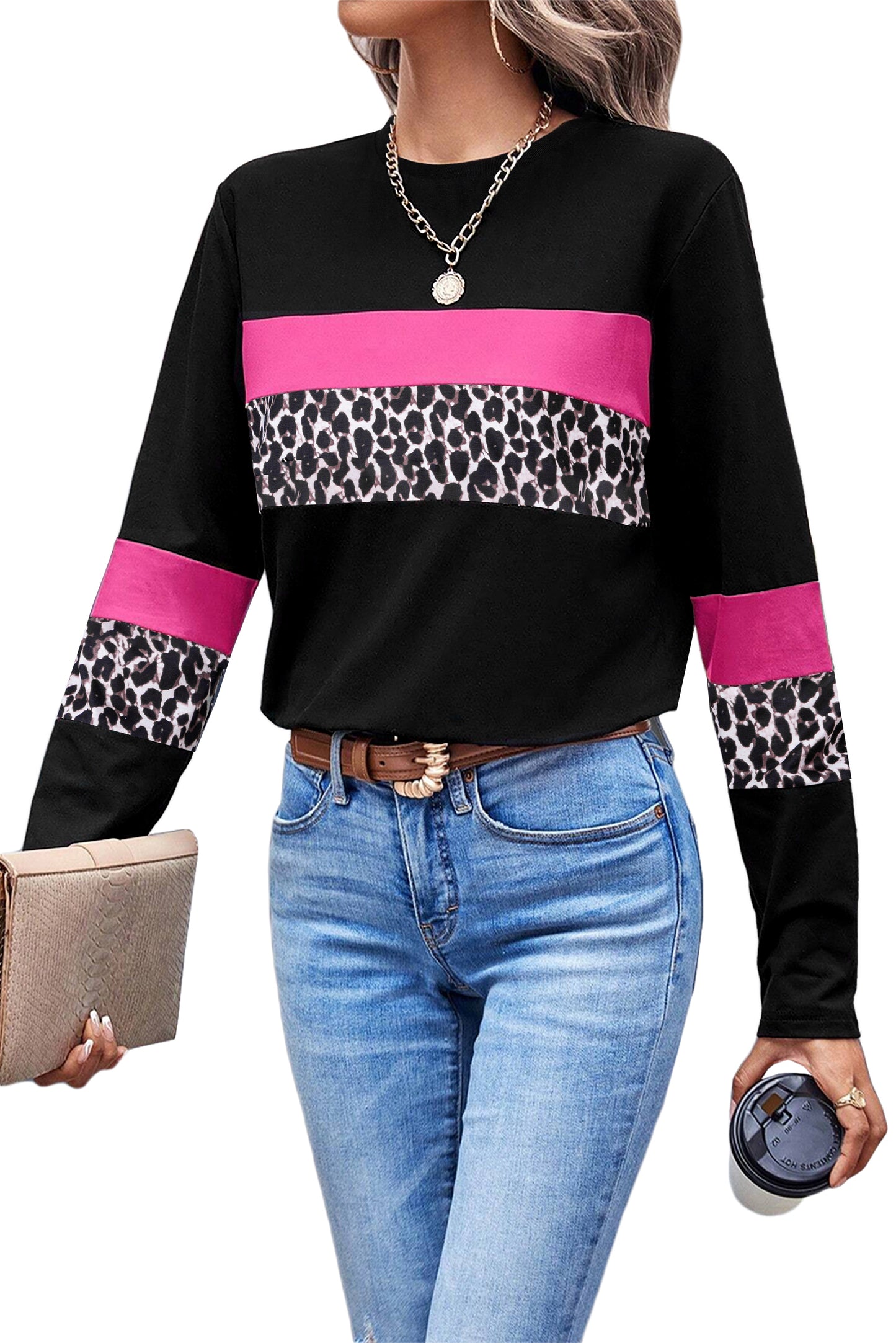 Women’s FashionWhite Leopard Colorblock Patchwork Crew Neck Top Casual Shirt