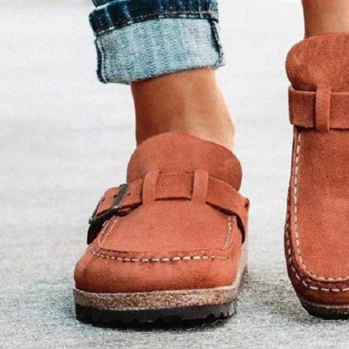 Round Toe Low Heel Buckle Slip On Shoes Loafers Clogs