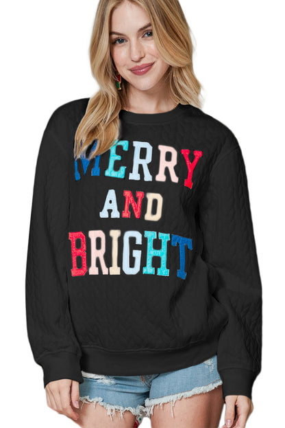 White Merry and Bright Quilted Sweatshirt Christmas Sweater Womens