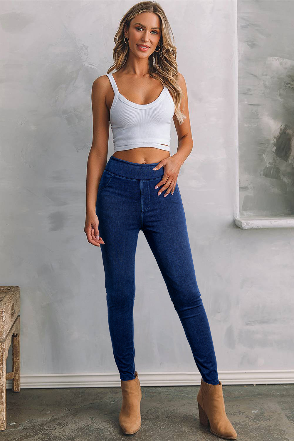 Ashleigh Casual Blue Back Pocket Stretchy Denim Leggings