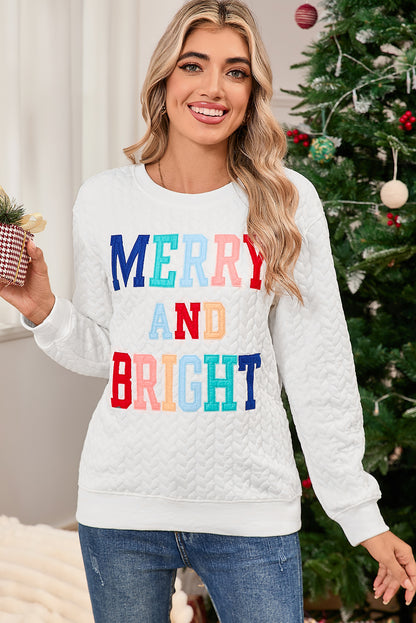 White Merry and Bright Quilted Sweatshirt Christmas Sweater Womens