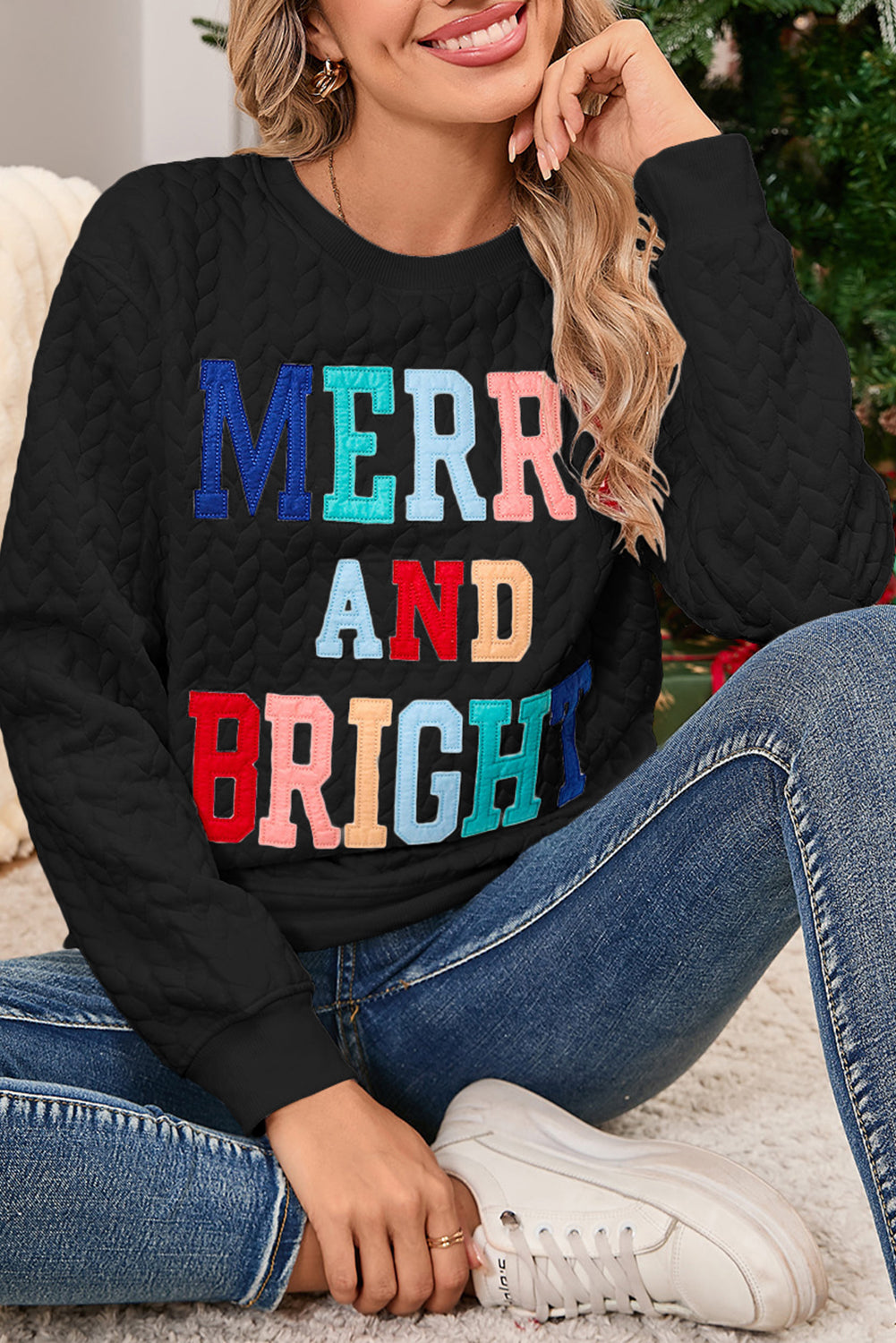 White Merry and Bright Quilted Sweatshirt Christmas Sweater Womens