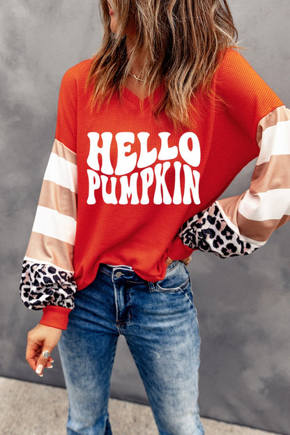 Hello Pumpkin Letter Graphic V-Neck Long Sleeve Shirt Top