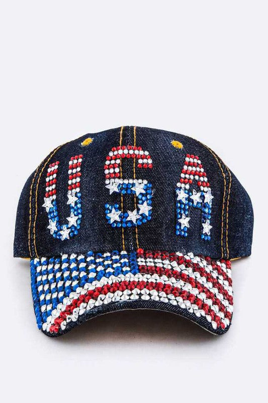 USA Rhinestone Statement Baseball Cap Hat Adjustable Back Strap