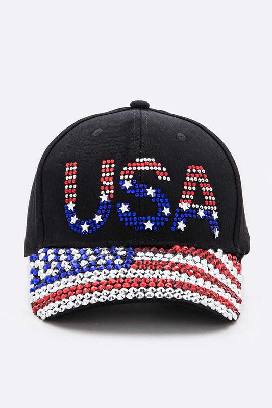 USA Rhinestone Statement Baseball Cap Hat Adjustable Back Strap