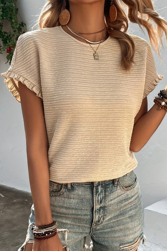 Textured Ruffled Short Sleeve Blouse