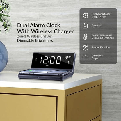 Supersonic Dual Alarm Clock with Wireless Charger