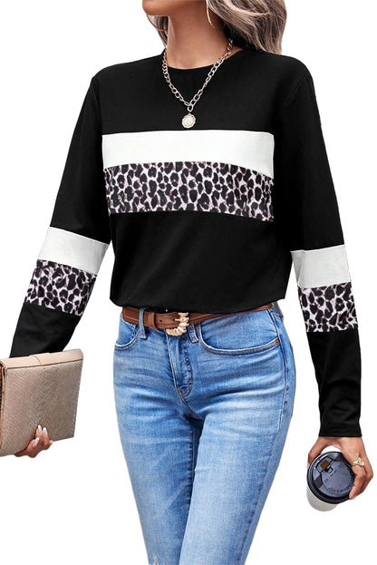 Women’s FashionWhite Leopard Colorblock Patchwork Crew Neck Top Casual Shirt