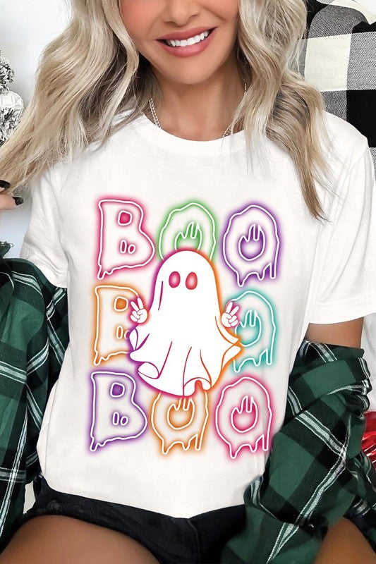 Boo Neon Halloween Ghost Graphic Tee Shirt