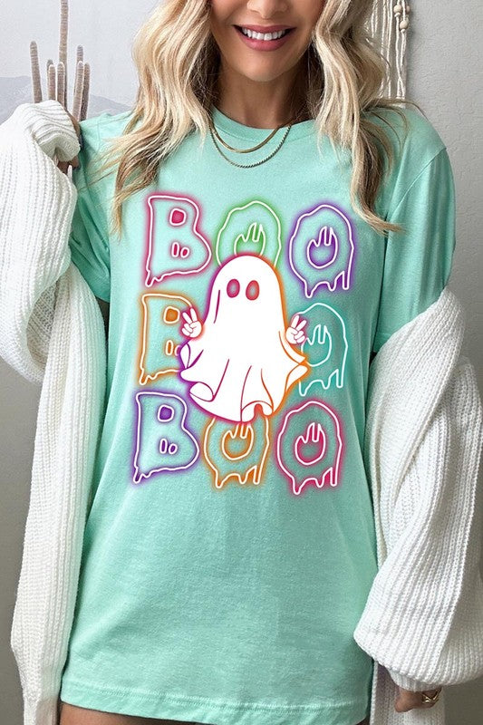 Boo Neon Halloween Ghost Graphic Tee Shirt