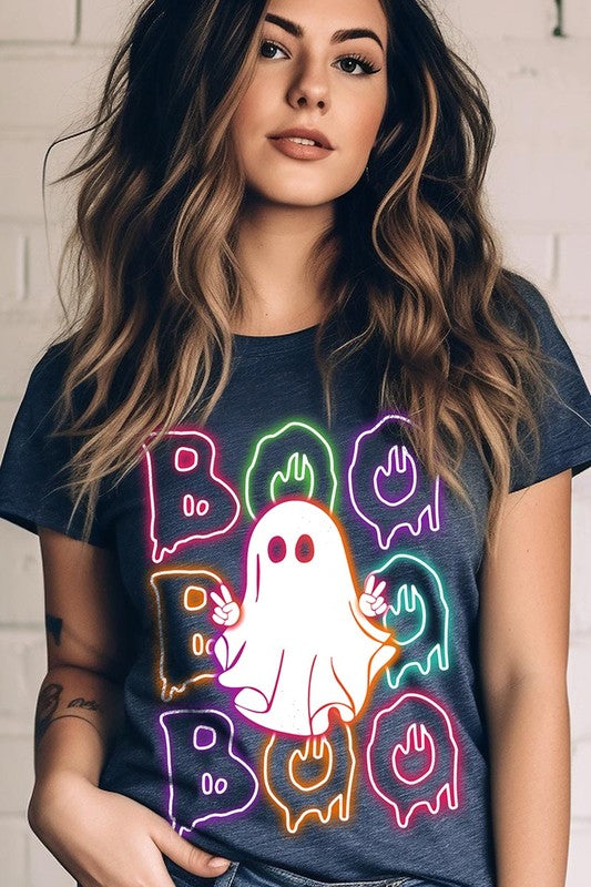 Boo Neon Halloween Ghost Graphic Tee Shirt