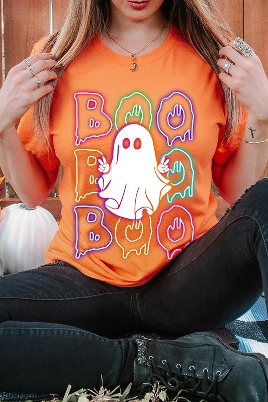 Boo Neon Halloween Ghost Graphic Tee Shirt