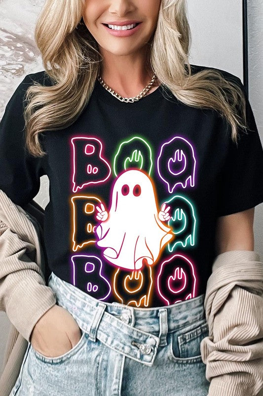 Boo Neon Halloween Ghost Graphic Tee Shirt