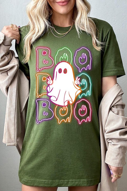 Boo Neon Halloween Ghost Graphic Tee Shirt