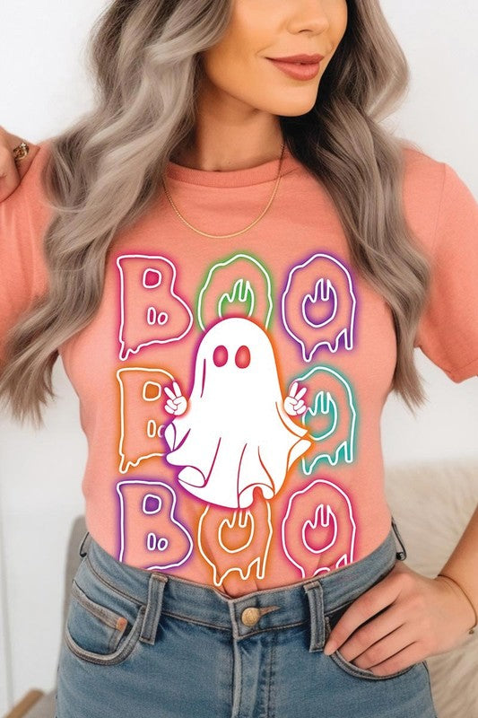 Boo Neon Halloween Ghost Graphic Tee Shirt