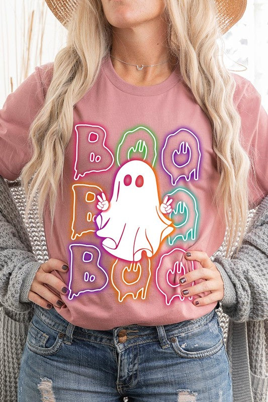 Boo Neon Halloween Ghost Graphic Tee Shirt