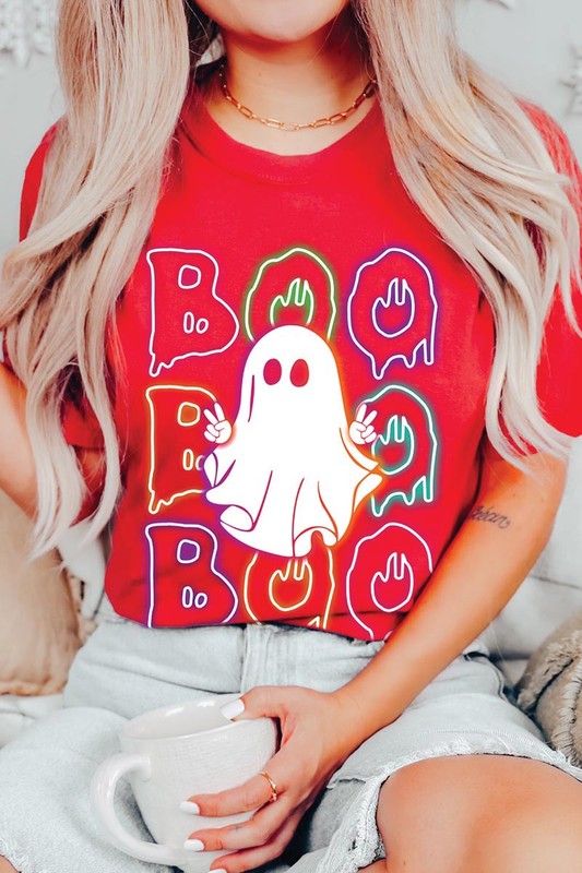 Boo Neon Halloween Ghost Graphic Tee Shirt