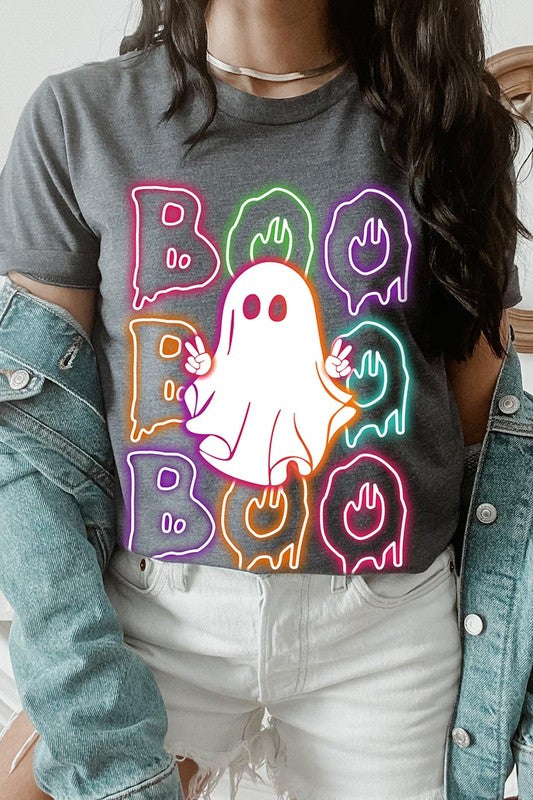 Boo Neon Halloween Ghost Graphic Tee Shirt