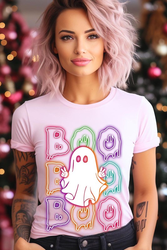 Boo Neon Halloween Ghost Graphic Tee Shirt