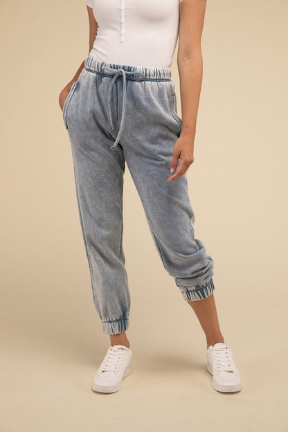 Zenana Acid Wash Fleece Sweatpants with Pockets