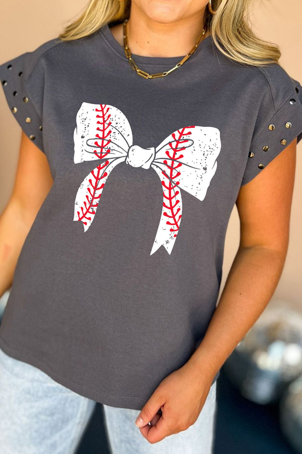 Baseball Studded Bow Graphic Round Neck Cap Sleeve T-Shirt