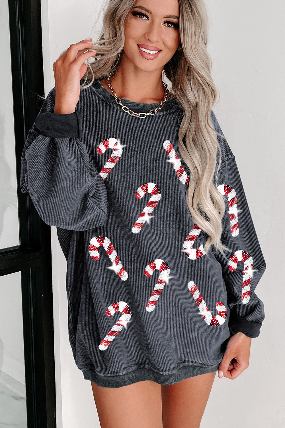 Gray Xmas Candy Cane Sequins Graphic Corded Sweatshirt Christmas Women