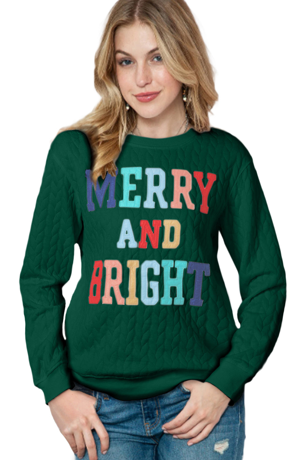 White Merry and Bright Quilted Sweatshirt Christmas Sweater Womens