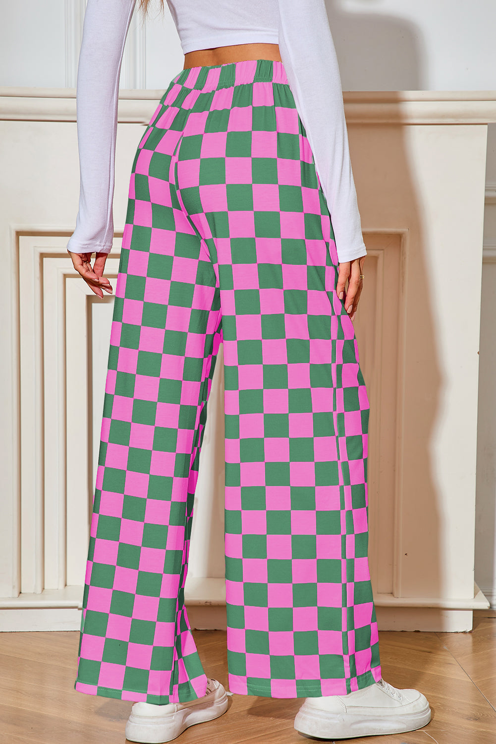 Bonbon Checkered Print High Waist Wide Leg Pants