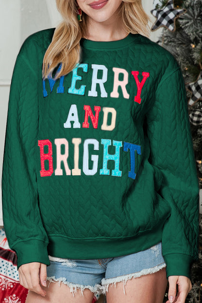 White Merry and Bright Quilted Sweatshirt Christmas Sweater Womens