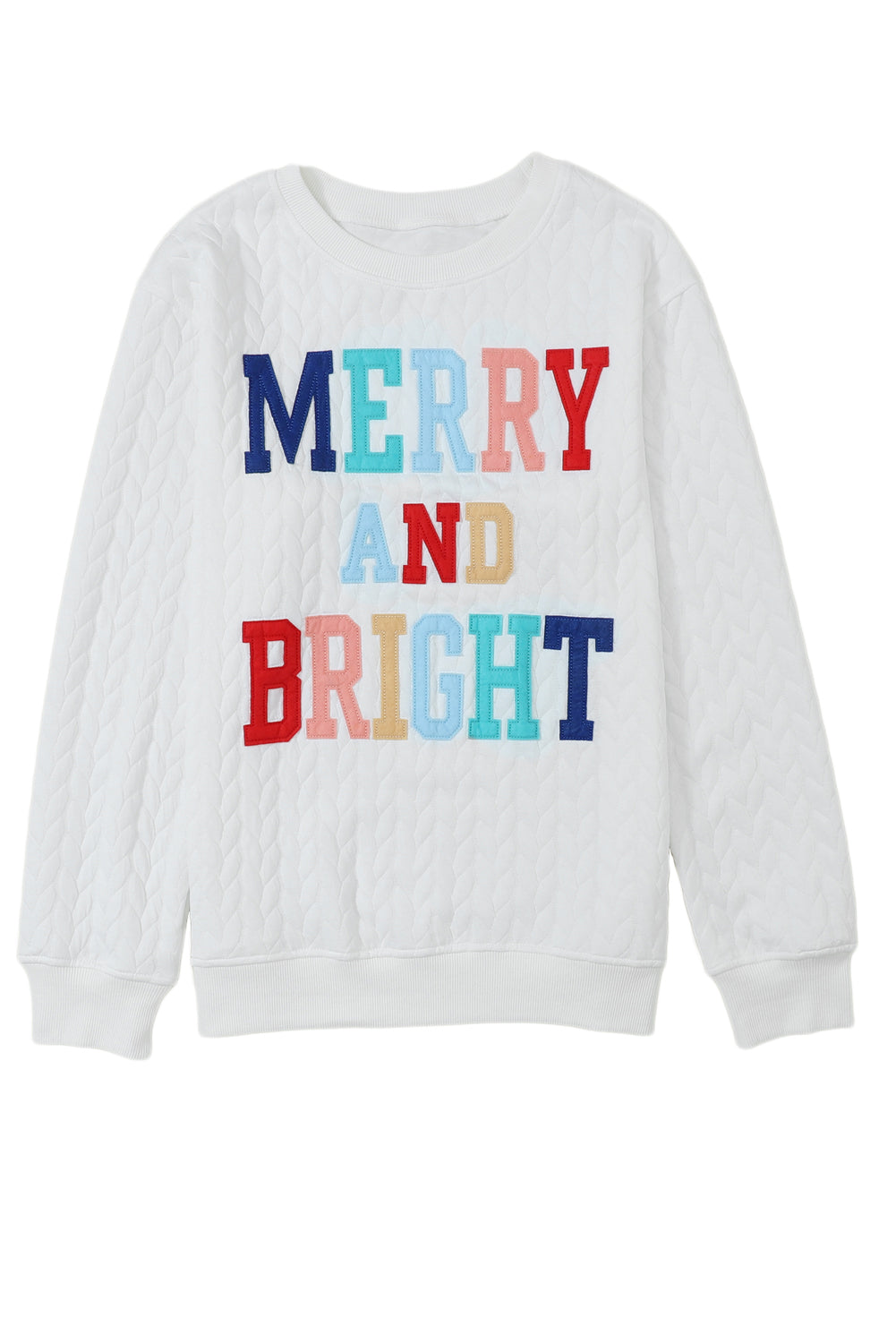 White Merry and Bright Quilted Sweatshirt Christmas Sweater Womens