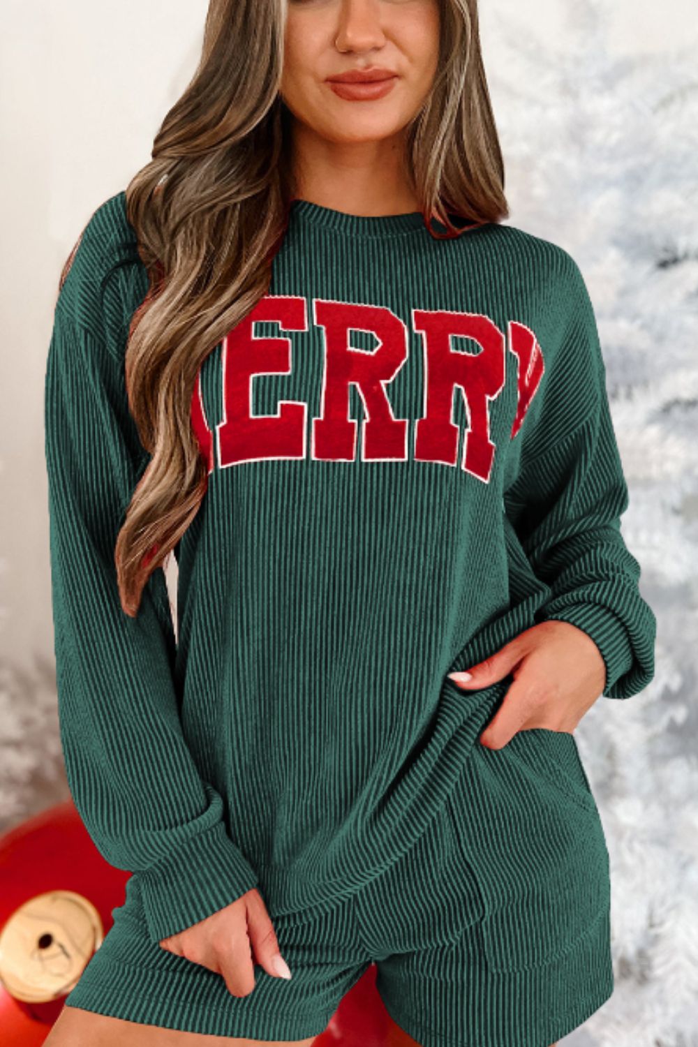 MERRY Round Neck Long Sleeve Top and Shorts Lounge Set Christmas