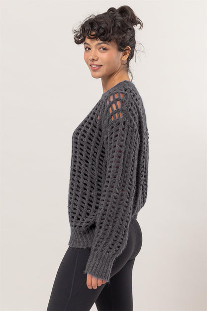 HYFVE Openwork Round Neck Long Sleeve Knit Cover Up