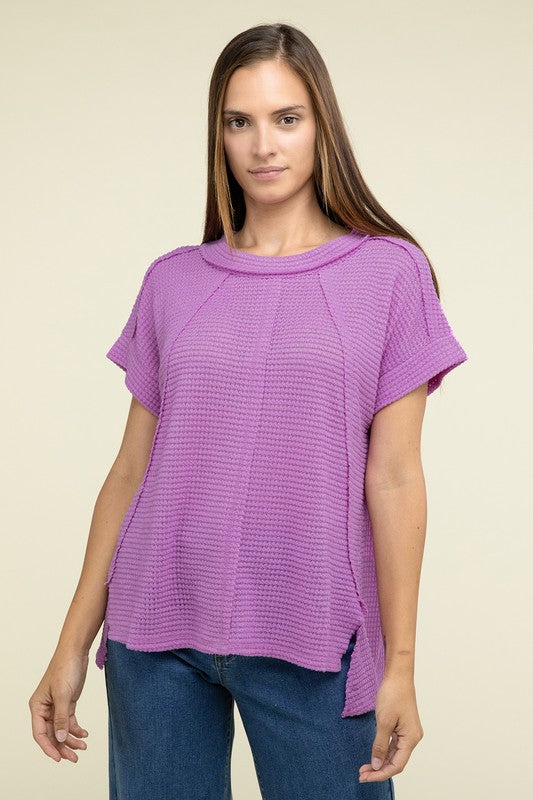 Zenana Brushed Waffle Exposed-Seam Short Sleeve Top