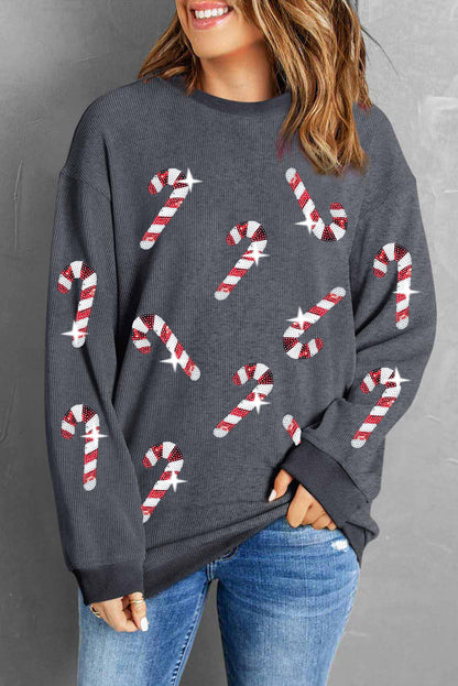 Gray Xmas Candy Cane Sequins Graphic Corded Sweatshirt Christmas Women