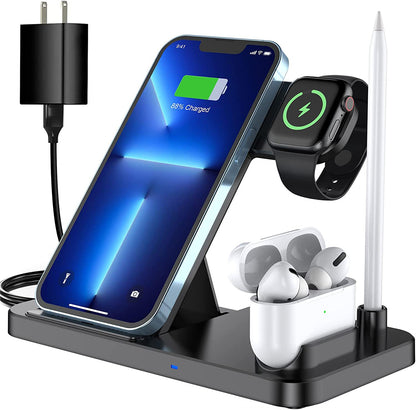 Wireless Charger Charging Station: 4 in 1/ 3 in 1 Charger Stand Compatible with Iphone 15 14 Pro Max Iphone 13 12 11 - Watch Series 8 7 6 5 4 3 2 Se - Airpods 3 2 Pro