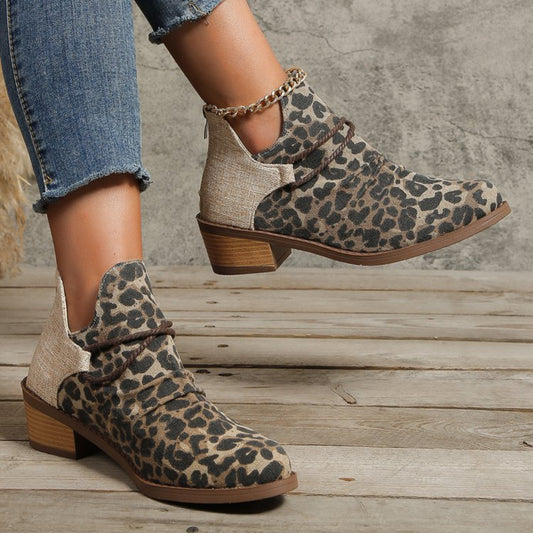 Contrast Canvas Low Heel Boots Women