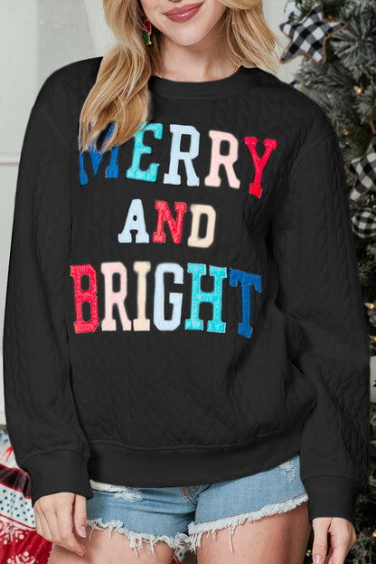 White Merry and Bright Quilted Sweatshirt Christmas Sweater Womens