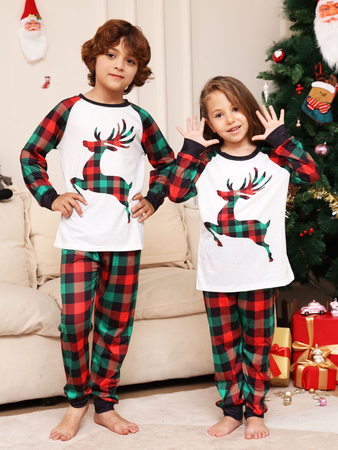 Kids Reindeer Matching Christmas Graphic Top and Plaid Pants Set Youth