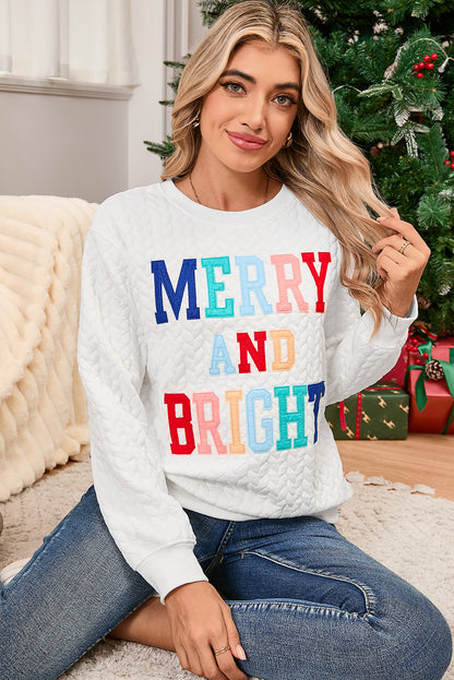 White Merry and Bright Quilted Sweatshirt Christmas Sweater Womens