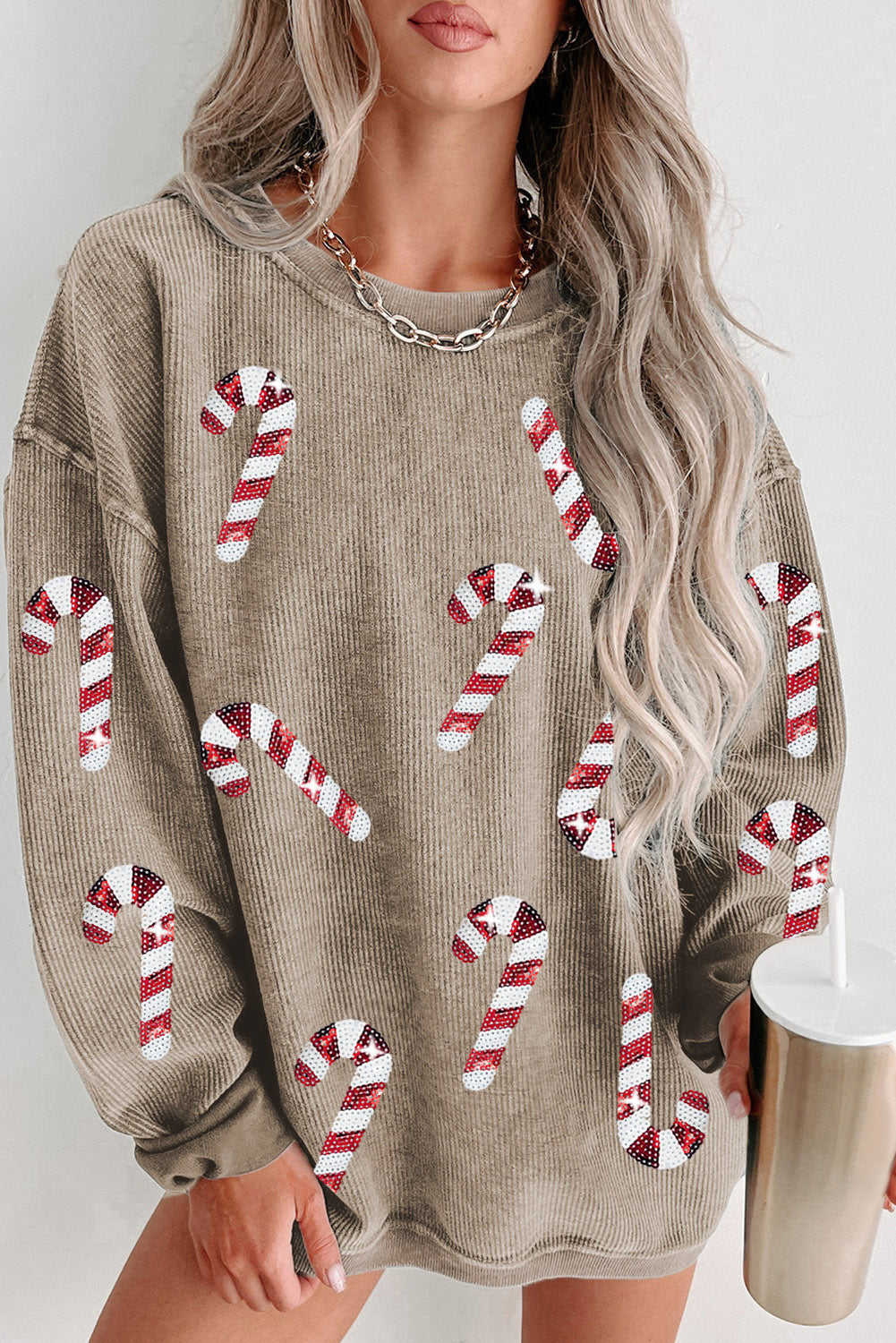 Gray Xmas Candy Cane Sequins Graphic Corded Sweatshirt Christmas Women