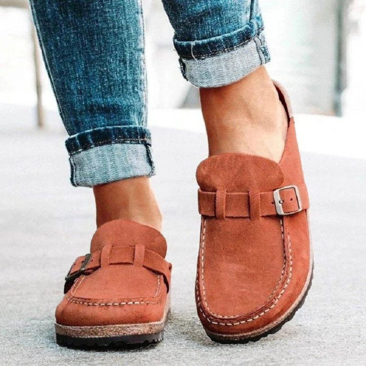 Round Toe Low Heel Buckle Slip On Shoes Loafers Clogs