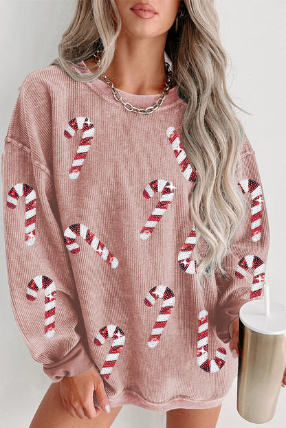 Gray Xmas Candy Cane Sequins Graphic Corded Sweatshirt Christmas Women