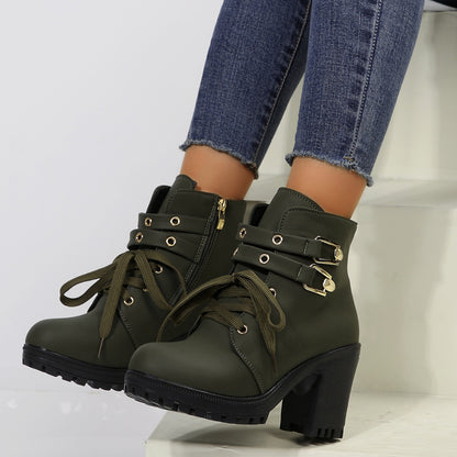 PU Leather Round Toe Block Heel Boots Women