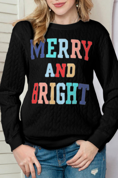 White Merry and Bright Quilted Sweatshirt Christmas Sweater Womens