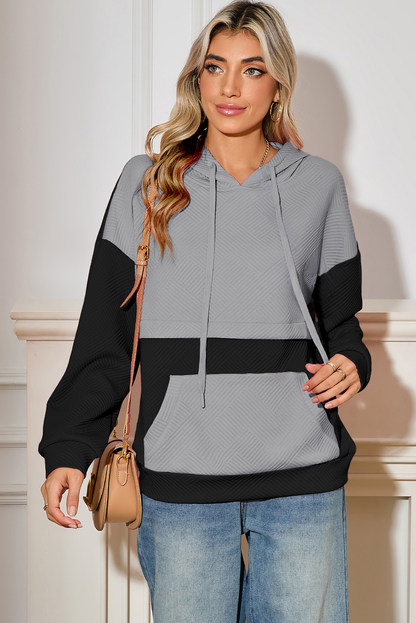 Textured Patchwork Kangaroo Pocket Drop Shoulder Hoodie – Cozy & Trendy Casual Sweatshirt for Women