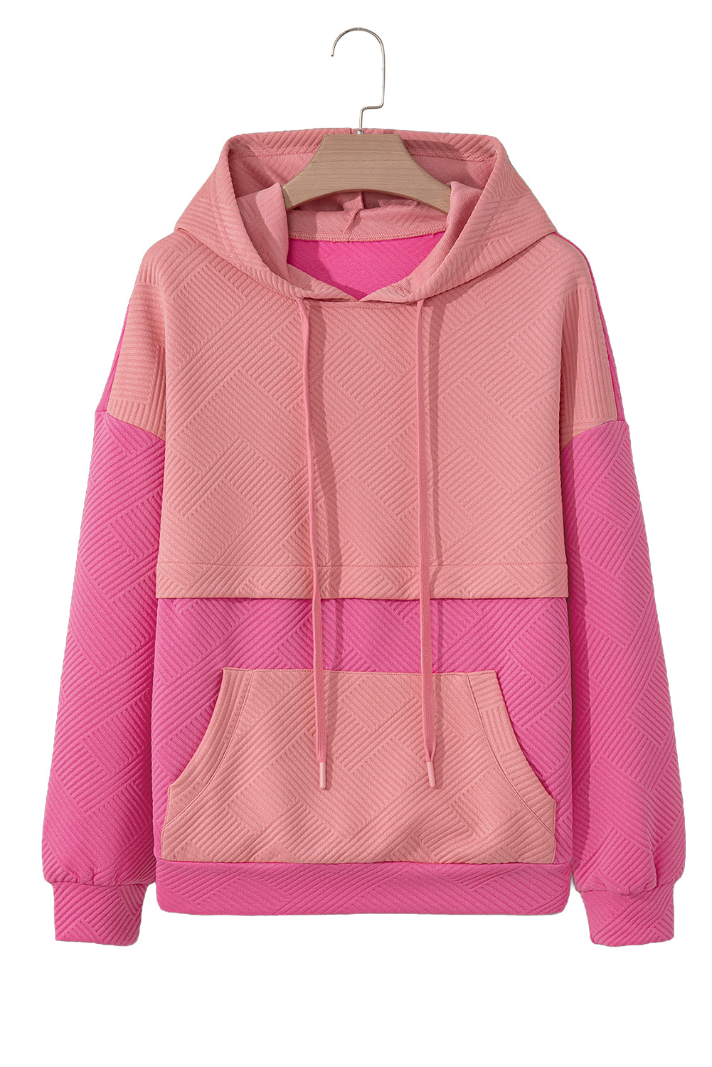 Textured Patchwork Kangaroo Pocket Drop Shoulder Hoodie – Cozy & Trendy Casual Sweatshirt for Women