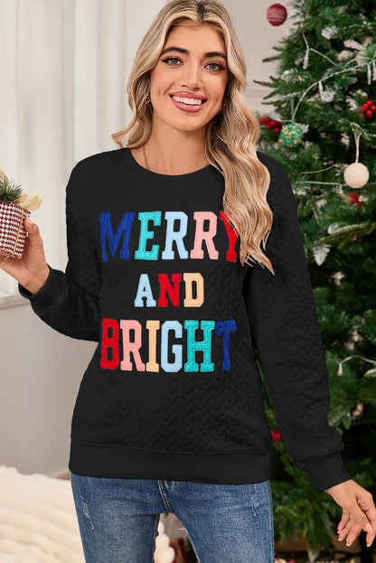 White Merry and Bright Quilted Sweatshirt Christmas Sweater Womens