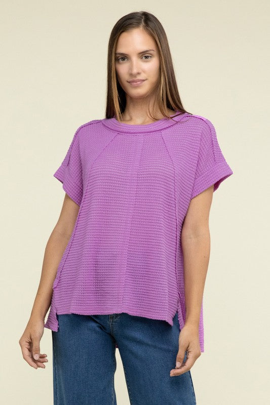 Zenana Brushed Waffle Exposed-Seam Short Sleeve Top