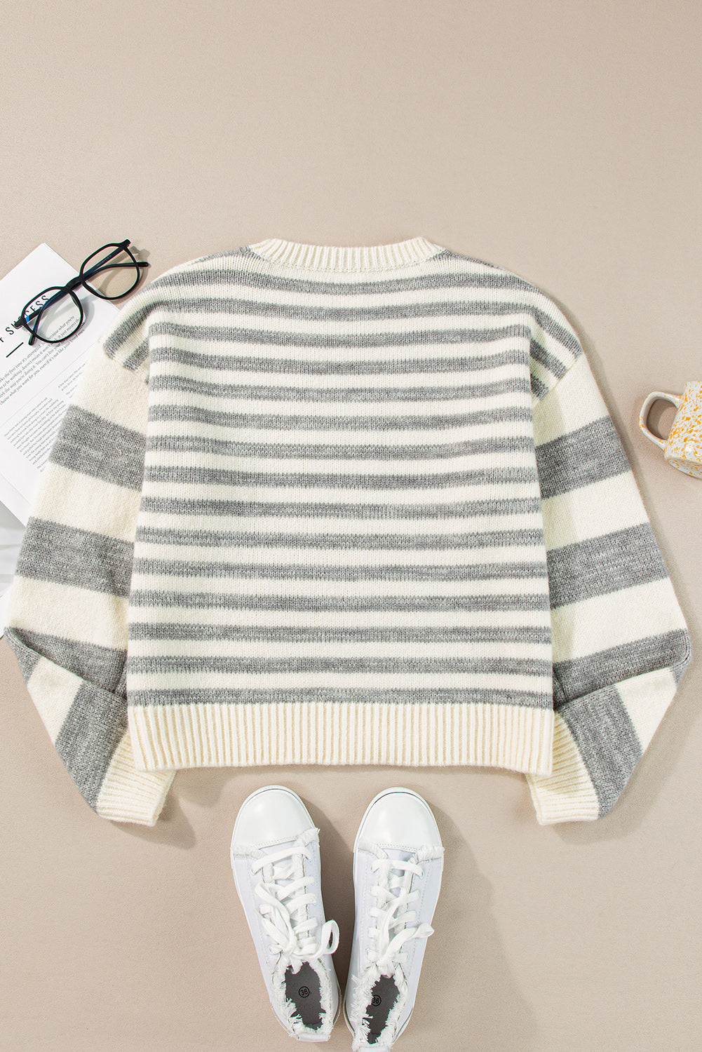 Gray Stripe Drop Shoulder Crew Neck Sweater